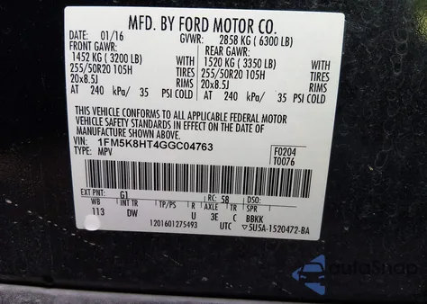 2016 Ford Explorer Platinum z USA, uszkodzony, nr VIN 1FM5K8HT4GGC04763